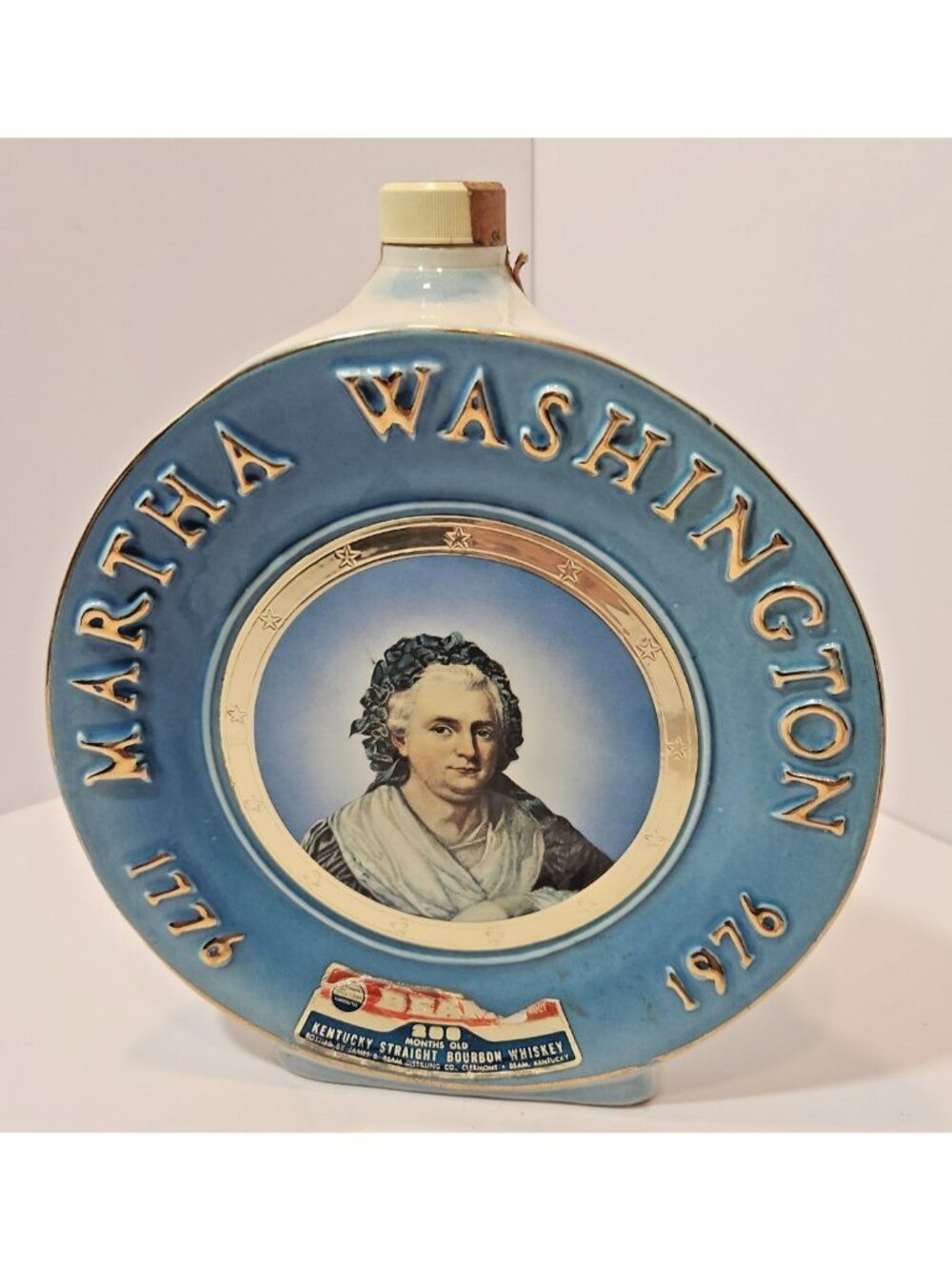 Vtg ‘77 Jim Beam Martha Washington Bicentennial Whiskey Decanter Blue Porcelain